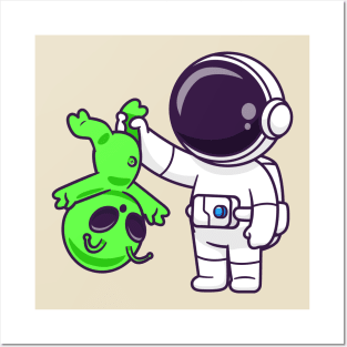 Cute Astronaut Catch Alien Cartoon Posters and Art